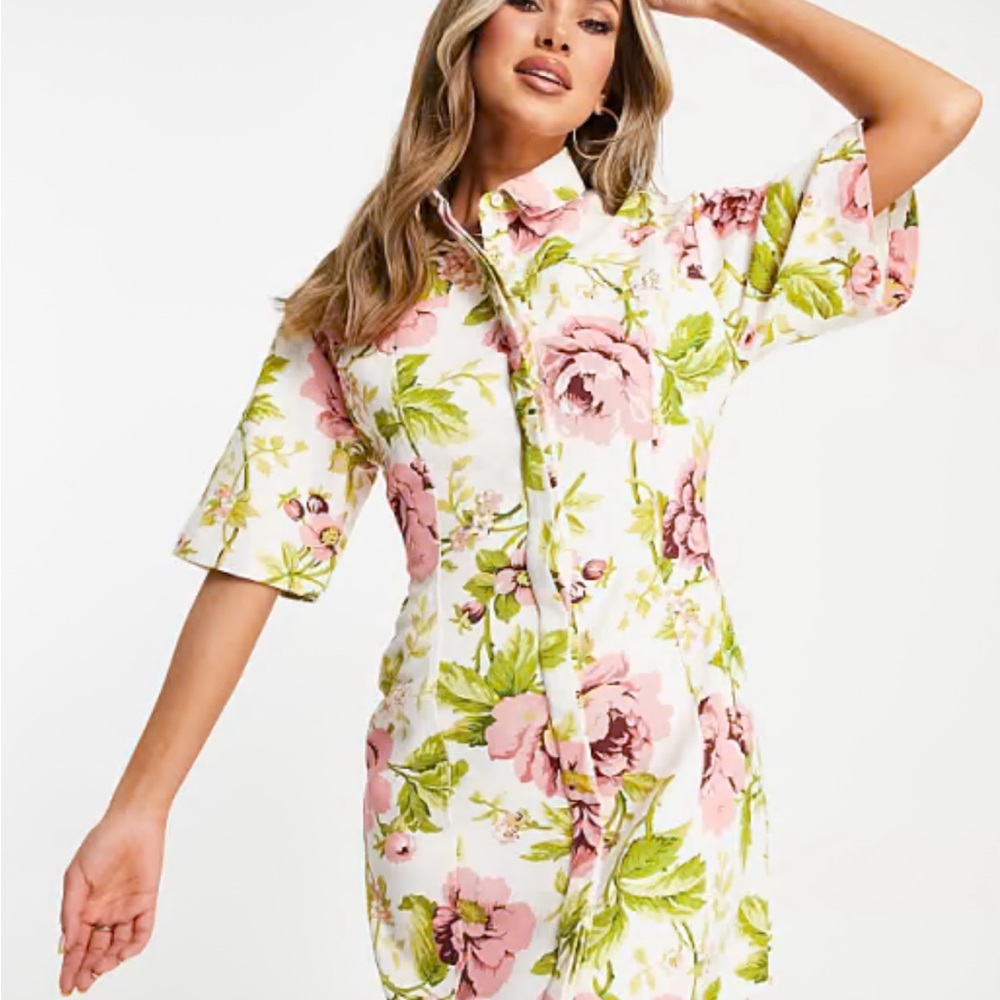 ASOS Pink and Green Midi Dress with Cuffed 3/4 Sleeves
